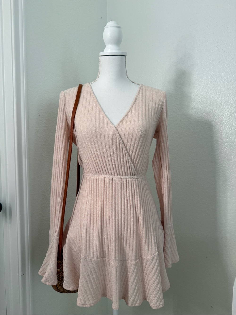 Showpo Blush Pink Ribbed Wrap Long-Sleeve Mini Dress